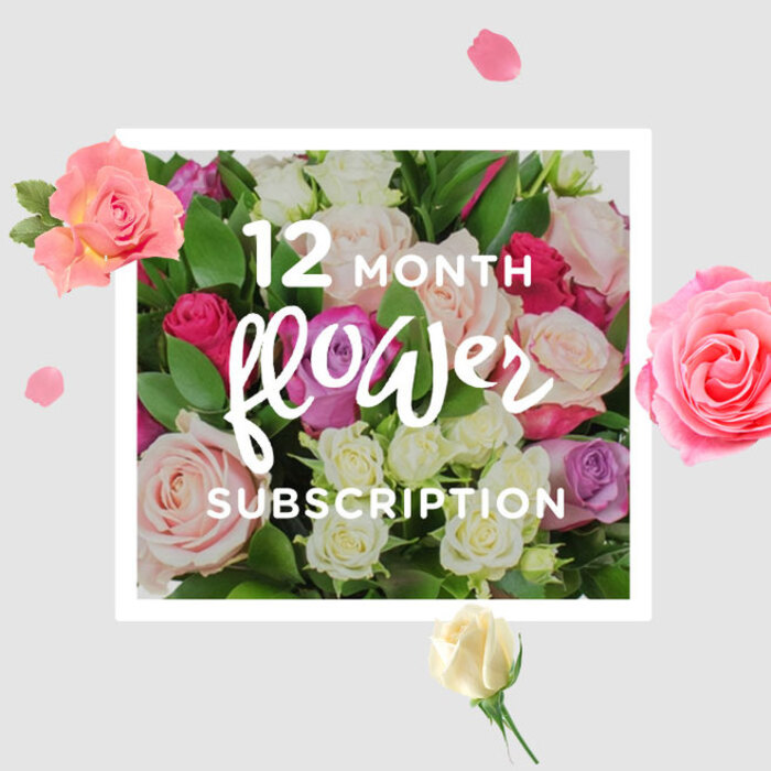 This image portrays a richly textured bouquet of roses, styled in a way that evokes the rhythm and comfort of a twelve-month flower subscription. At the centre, the roses form a lush, rounded mass, their heads gathered so closely that they seem to merge into one continuous field of colour. Shades range from soft, powdery pink and creamy white to hints of lilac, deep berry, and bright fuchsia, creating a palette that feels romantic yet cheerful, like an early evening stroll around Finsbury's tree-lined streets. Each flower is captured at its own moment of bloom: some fully open and expansive, revealing swirling hearts of layered petals, others still cupped and modest, with tighter forms that hint at tomorrow's beauty. Bright, healthy foliage peeks between the blossoms, its green tones adding balance and a subtle suggestion of the garden. The bouquet is set against a smooth, light background, reminiscent of a quiet studio wall near Finsbury Square or a bright corner by Exmouth Market, offering a sense of calm that lets the floral colours sing. Soft, even lighting lends the petals a gentle luminosity, catching on the curved edges and creating fine shadows that make the bouquet appear almost three-dimensional. Around the central mass, a scattering of loose petals and a few smaller blooms seem to float, like confetti lingering in the air after a celebration, giving the sense that each monthly delivery brings its own festive moment. The composition invites you to imagine the cool touch of the petals, the faint rustle of leaves, and the sweet, comforting fragrance filling a living room overlooking Clerkenwell or a cosy flat near Angel, turning ordinary days into small, memorable rituals.