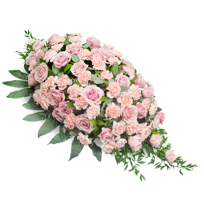 An elegant casket spray in shades of pink is pictured resting on a pure white surface, its elongated teardrop shape angling gently from upper left to lower right, with a generously full head and a subtly tapering tip. The flowers are arranged in a dense, overlapping pattern, so that what the viewer sees is essentially a continuous mound of petals. Soft pink roses dominate, some fully open and revealing intricate layers of velvety petals, others partly closed, adding dimension and a sense of gentle movement. Their hues range from pale blush to slightly deeper dusty rose, giving the arrangement a delicate tonal variation without breaking the calm, pastel theme. Nestled among them are numerous light pink and blush-peach carnations. Their frilled, ruffled petals lend a rich, tactile texture and fill every space, making the spray appear particularly plush and abundant, as if the flowers are cushioning one another. Beneath this floral canopy lies a foundation of deep green foliage. Broad, glossy leaves form a discreet frame along the top and sides of the spray, while finer greenery and slender, tapering leaves emerge from beneath the blossoms, especially along the lower right where they extend outward and slightly downward. This trailing greenery softens the outline and adds an organic, flowing feel, reminiscent of the quiet greenery tucked between buildings around Finsbury's residential streets. The lighting is bright but gentle, creating clean contrasts and allowing each bloom to be seen in detail. The arrangement carries a mood of serenity and respect, suitable for a funeral or memorial service, offering a composed and compassionate floral tribute that expresses love, remembrance, and support.