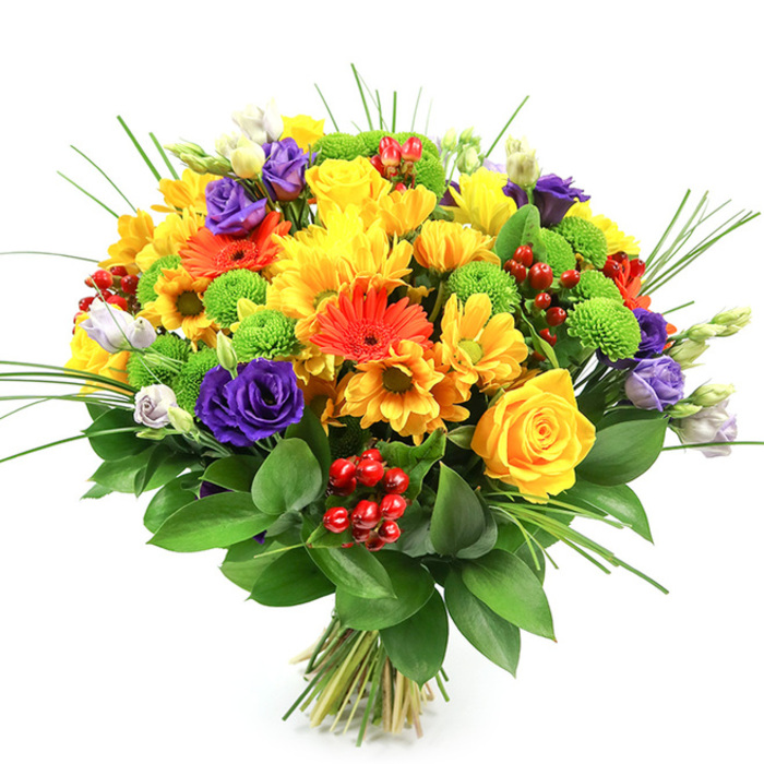 A richly coloured, dome-shaped bouquet fills the frame against a spotless white backdrop, its many flowers arranged in a harmonious balance of shades and textures. Dominating the centre are luminous yellow roses, their tightly layered petals unfolding in perfect spirals, joined by generous yellow chrysanthemums and smaller, daisy-like blooms that combine to create a glowing, sun-drenched core. Interspersed throughout this heart of yellow, vivid orange gerbera daisies stand open and confident, their flat petals radiating around darker centres, adding bold, contemporary strokes of colour reminiscent of the vibrant cafés and murals scattered through Finsbury. Deep purple lisianthus provide a cool, refined counterpoint, their velvety, ruffled petals and soft lavender buds nestled among the warmer tones, lending the bouquet a sense of depth and sophistication. Crisp lime-green button chrysanthemums dot the design like tiny pom-poms, giving it a fresh, playful lift that keeps the eye moving. Tucked thoughtfully between the blooms, clusters of shiny red hypericum berries offer another layer of interest, their smooth, bead-like forms catching highlights and enhancing the celebratory character of the arrangement. A generous base of dark green foliage-likely Ruscus-cradles the bouquet, its broad, glossy leaves creating a lush frame that enhances both colour contrast and structure. Rising above the mass of petals, fine blades of ornamental grass arc gently outward, suggesting graceful motion and adding a touch of wild, garden-inspired charm. The stems are firmly gathered and tied, clearly presented as a hand-tied creation ready for gifting. Overall, the bouquet feels joyful, abundant, and full of life, the sort of piece a local Finsbury florist might recommend for birthdays, bright congratulations, or to bring a burst of colour into a contemporary apartment overlooking a city square.