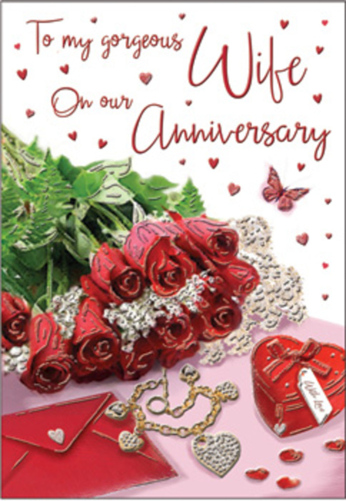 In this richly detailed anniversary card, the arrangement appears as if lovingly styled on a table in Finsbury, moments before being handed to someone special. The focal point is a lush cluster of classic red roses, each bloom brimming with layered petals that create a sense of depth and movement, as though the flowers are almost breathing. Their colour is a deep, romantic crimson, balanced by vivid green leaves that peek out around the edges, providing a fresh, natural frame. Just beside the roses, a refined envelope lies partially in view, its clean lines and pale tone evoking the promise of heartfelt words within. A vivid red jewellery box, perhaps made of smooth satin or soft velvet, is placed close by, its heart-like silhouette complementing the theme of devotion. Resting near it, a piece of delicate jewellery shaped into intertwined hearts or gentle curves glimmers softly, catching light with fine metallic reflections. Scattered across the design are tiny sparkling decorations and miniature hearts, like confetti gently tossed around a table set for an anniversary dinner. An illustrated butterfly adds a soothing touch of whimsy, as if it has just fluttered down to rest among the tokens of affection. The lighting in the scene is soft and warm, gently illuminating every texture-from the satin smoothness of the rose petals to the sheen of polished metal and glossy card stock. The palette leans into passionate reds, warm golds, and neutral creams, evoking romance and celebration across Finsbury, where moments like this are often accompanied by hand-delivered flowers, thoughtful gifts, and deeply personal messages shared between two hearts.
