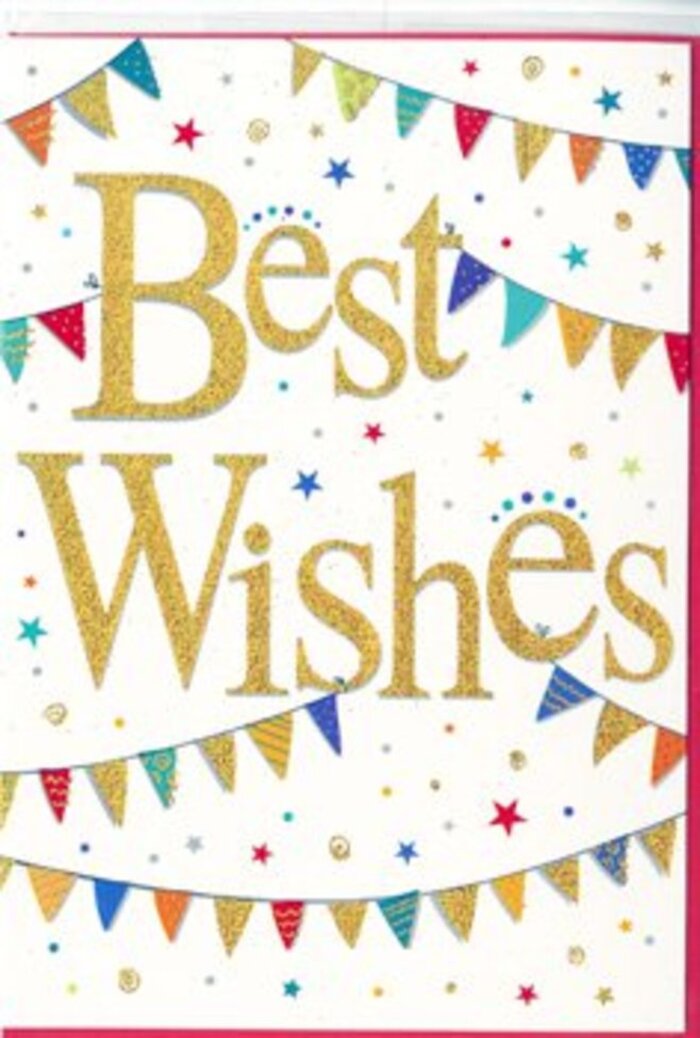 In this image, a cheerful Best Wishes card is presented with a sense of gentle celebration that feels at home in the streets around Finsbury. The card itself is set on a pristine white background, with plenty of breathing space so each design element stands out clearly. At the centre, the phrase Best Wishes appears in luxurious golden script, written in a graceful, flowing hand that curves across the card in smooth, confident strokes. The letters seem slightly embossed, with a shimmering finish that hints at fine glitter or foil pressed into the surface, catching light the way evening sun glints off windows along Clerkenwell Road. The gold hue is warm and inviting, more champagne than brassy, lending a touch of sophistication to the joyful message. Skimming across the top edge and echoing again near the bottom, strings of delicate bunting form open arcs, as if loosely strung between lampposts on a festive Finsbury side lane. Each bunting flag is a tiny triangle in a bright, carefully chosen colour-deep blues, bold reds, fresh greens, lemon yellows, gentle pinks, and soft purples. Some bear subtle patterns of stripes or dots, others remain solid, their simplicity adding to the overall charm. Scattered between these garlands and around the golden words are small stars and circular confetti-like dots, gently dispersed rather than heavily clustered. Their colours echo the tones of the bunting, creating a harmonious palette that suggests movement and joy, as if confetti has just been tossed into the air and captured mid-fall. The composition is balanced and uplifting, perfect for including with a bouquet from Finsbury Flowers to celebrate a new job, a housewarming close to Islington, or any special step forward that calls for heartfelt congratulations and warm support.