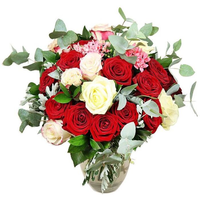 An elegant, voluminous rose arrangement is showcased in a clear glass vase, standing out sharply against a crisp white background that allows every detail to be appreciated. The bouquet is abundant, with at least two dozen roses gathered closely together in a rounded, dome-like form. Deep red and vivid scarlet roses dominate, their velvety petals curling and spiralling outward in lush layers, conveying intense romance and a sense of classic, timeless love. Some blooms are fully open, revealing the intricate heart of the flower, while others remain in semi-opened stages or rounded buds, adding dimension and a feeling of movement. Interspersed throughout are roses in creamy white and warm ivory, along with a few white blooms edged delicately in pale pink, which soften the palette and bring a gentle luminosity to the whole. Nestled among the larger rose heads are small clusters of bright pink filler flowers, resembling mini carnations or similar petite blossoms, offering playful detail and a lighter, cheerful note. Cool blue-green eucalyptus leaves arc around the flowers, their distinctive rounded shapes and slightly silvery tone suggesting a subtle, invigorating scent and lending a contemporary ease to the arrangement. Deep green foliage and occasional silvery-green accents fill any gaps so that the bouquet feels complete, sumptuous, and carefully balanced. The vase, with its slightly bulbous base and narrower neck, holds the stems in clear water that is visible through the glass, reinforcing the impression of freshness and skilled craftsmanship. This sophisticated rose bouquet mirrors the refined yet lively spirit of Finsbury, perfect for gracing a dining table off Rosebery Avenue, marking an anniversary near Angel, or adding a statement of love to a modern apartment overlooking the city streets.