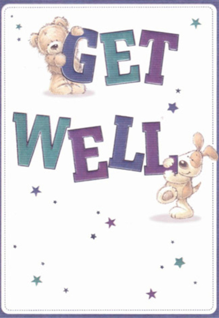 Gentle encouragement radiates from this lovingly illustrated get well card, a scene that feels right at home in the creative heart of Finsbury. A fluffy bear and a cheerful pup anchor the composition, surrounded by a constellation of vividly coloured stars in blues, teals, and purples that swirl around them like hopeful wishes drifting through Clerkenwell's morning light. The bold, rounded typography-spelling out 'Get Well' in gradients that recall city sunsets-is as confident as the finest bouquets crafted just off Farringdon Road. Textural details, from the bear's plush fur to the puppy's downy ears, invite a sense of touch, gently reassuring the recipient as flowers would in a comforting hospital visit nearby. Every aspect of the card's design-from the airy, uncluttered background to the playful warmth of the characters-reflects the careful balance and uplifting artistry Finsbury Flowers brings to each arrangement sent across this spirited corner of London.
