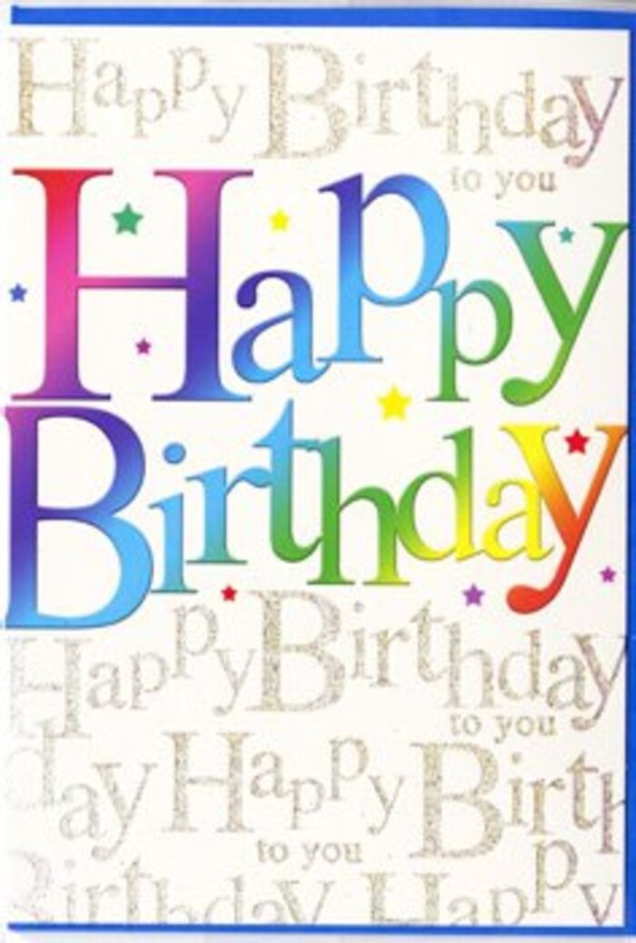 The image reveals a birthday card that feels both exuberant and carefully crafted, much like a thoughtfully arranged bouquet prepared in a Finsbury flower shop. The main feature is the phrase Happy Birthday, which spans the front of the card in bold, rounded letters that appear slightly raised from the surface. Each letter is coloured with a smooth gradient, transitioning seamlessly through a rainbow of tones-from deep cherry red and rosy pink, through cobalt blue and sea green, into soft lime and golden yellow. The effect is reminiscent of colourful party bunting stretched across a Finsbury courtyard, the hues blending harmoniously but each remaining distinct. The interior of the letters has a gentle, brushed shading, giving them a warm, inviting presence. Behind this vibrant greeting, the background is filled with repeating lines of Happy Birthday to you, written in delicate gold script that curls and loops with an almost calligraphic grace. These lines are evenly spaced, running in tidy diagonals, creating a subtle rhythm that suggests the soft rise and fall of voices singing together around a birthday cake. The metallic ink glints when imagined under direct light, much like evening sunshine sliding across pavements near local squares. Scattered around the main text are minuscule star shapes and specks of bright colour, like the last pieces of confetti resting on a table after the guests have arrived. The overall layout is clean, with ample pale background allowing the rainbow letters and golden script to stand out clearly. It feels like a card suited to many ages and personalities, an ideal companion to a fresh arrangement delivered around Finsbury, carrying a heartfelt wish through its vivid colours and shimmering, repeated message.