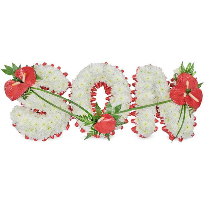 This detailed funeral flower arrangement forms the word SON in bold capital letters, placed side by side against a clean white backdrop that keeps the focus firmly on the flowers. Each letter is meticulously constructed from a dense blanket of white chrysanthemums, the small blossoms arranged so tightly that almost no gaps are visible. Their many layered petals produce a soft, plush texture that feels both comforting and serene, evoking purity and a quiet sense of peace. Along the outside of the letters runs a deep red satin ribbon, pleated into gentle ruffles that follow every curve and angle of the S, wrap smoothly around the round O, and outline the sturdy, upright strokes of the N. The ribbon's rich red tone brings warmth and emotional depth, while its reflective surface adds a delicate shimmer as light falls across the arrangement. Three distinct clusters of vivid red anthuriums punctuate the white base. On the S, a generous spray of anthuriums is positioned toward the upper left curve, set among glossy dark green leaves and feathery fern fronds, creating a natural, slightly cascading effect. The O holds a single anthurium bloom in its lower curve, placed like a small, heartfelt accent at the centre of the tribute. On the N, a larger, more elaborate grouping of anthuriums and greenery sits on the upper right section, completing a diagonal flow of red from left to right. Slender green stems and ribbon-like leaves drape gracefully across the letters, linking these three focal points and lending a feeling of gentle movement. Crafted with the care of experienced florists who serve families throughout Finsbury and the surrounding Islington area, this personalised tribute offers a dignified, deeply affectionate way to remember and honour a much-loved son.