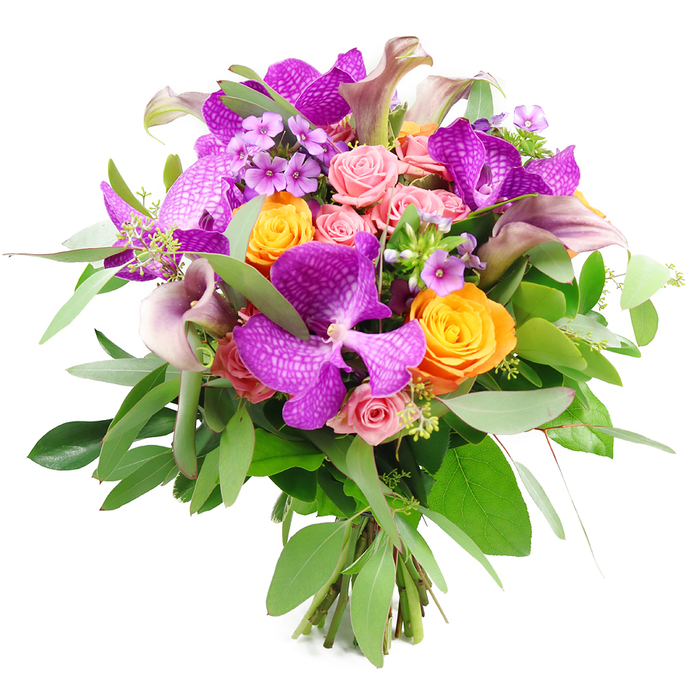 This image shows a meticulously arranged bouquet set against a crisp white background, the kind of refined design you might see ready for hand delivery across Finsbury and the surrounding streets near Old Street. Dominating the centre are several large Vanda orchids in intense shades of purple and fuchsia, their broad, overlapping petals covered in delicate speckles that create a net-like pattern. These orchids lend the bouquet a glamorous, high-end feel, as though it has been designed for a special celebration or a chic city apartment. Encircling them are generous clusters of orange roses, their tightly spiralled petals forming compact, glowing blooms that bring a rich, almost citrus brightness to the palette. Interspersed between them, blush and pastel pink garden roses appear in varying stages of openness: some form small, rounded buds holding their secrets close, while others open into fuller rosettes, their softly ruffled edges adding romance and tenderness. Tall, slender calla lilies in nuanced tones of plum and dusky mauve rise gracefully above and through the roses, their trumpets gently flaring to provide height and a sleek, modern line. The bouquet is framed by a wealth of lush greenery, including slender, silvery eucalyptus leaves and darker, more substantial foliage, which together provide contrast, depth, and a cool, fresh look that complements the brighter flowers. Here and there, tiny clusters of lavender-hued filler flowers nestle among the main blooms, introducing fine, star-like details and softening transitions between colours. At the base, the cleanly cut stems are gathered and bound in a traditional hand-tied finish, suggesting the careful work of a skilled florist. This arrangement radiates sophistication, joy, and heartfelt sentiment, perfect for anniversaries, thank-you gifts, or adding a statement of colour to a Finsbury home or office.