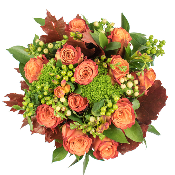 Viewed from above, this richly textured autumn arrangement reads as an intentional study in colour, form and seasonal feeling - a design our team at Finsbury Flowers would be proud to prepare for a home near Old Street or City Road. At its centre sit abundant roses in warm peach and deep orange, each bloom showing a gentle bicolour shift from soft inner petals to outer edges brushed with russet and coral, evoking the turn of the season. Interspersed among these classic blooms are clusters of Hypericum berries: some a bright, apple-lime green that lends a lively highlight, others a creamy, pale yellow that brings soft contrast and points of delicate light. The arrangement's surprise textures come from vibrant Green Trick dianthus - dense, velvet-like spheres that read like patches of living moss - which introduce a playful, tactile quality against the roses' smooth velvet. Deep, lobed leaves in reddish-brown and burgundy are woven through the bouquet to anchor the palette and suggest fallen autumn foliage, while glossy green foliage fills the negative spaces and gives the round shape a lush, finished look. Set on a white backdrop and lit with soft, diffuse illumination, the composition's colours glow warmly and the subtle shadows add plush depth. It feels made for a Thanksgiving centrepiece, an autumn wedding table, or as a comforting seasonal gift for someone in Finsbury, Angel or the Barbican.