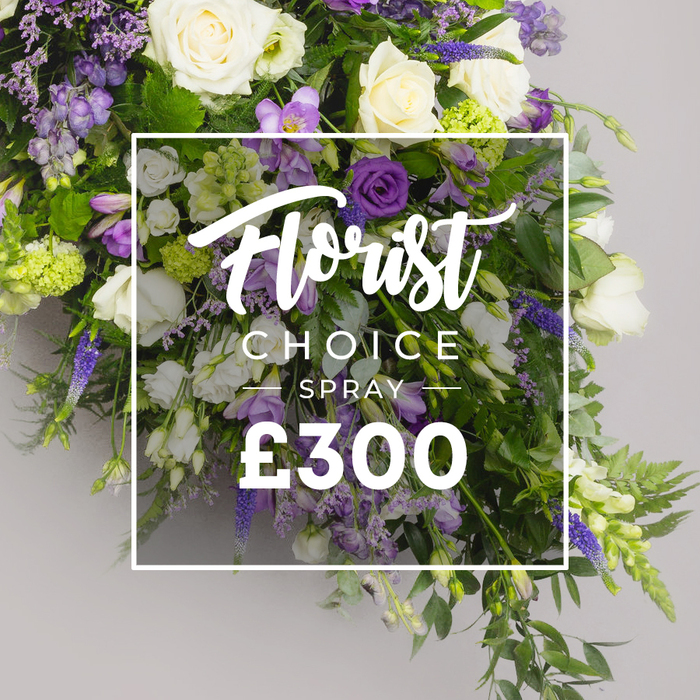 Architectural in form and lush in presence, this Florist CHOICE SPRAY from Finsbury Flowers reads as a sculpted cascade of blooms in white, ivory, and purple against a soft grey backdrop. Ivory roses anchor the low, generous spray, their heads open and catching the light; white lisianthus and freesia provide a quiet, feathered texture, while purple lisianthus and lavender-eustoma introduce deep colour and velvety contrast. Tall spikes of veronica or delphinium push the eye upward, giving height and a modern silhouette that suggests movement as if caught in a breeze. Ferns and broad green leaves weave through the arrangement, forming a living lattice that adds depth and natural grace. Tiny viburnum clusters punctuate the greens with a fresh, optimistic note.

The central overlay is a crisp white panel, with Florist CHOICE SPRAY displayed in elegant form: Florist in script and CHOICE SPRAY in uppercase, the price ?300 set in bold white numerals. The composition speaks of thoughtful design and expert technique, a premium option suited for substantial occasions such as funeral tributes or grand expressions of sympathy, as well as celebratory moments where luminosity and sophistication are desired. Delivered across Finsbury, Islington, Clerkenwell, and beyond, this spray carries the hallmark of local craftsmanship and attention to seasonal colour and texture, available for same-day delivery where feasible.

The result is a refined, contemporary tribute that honours memory while reminding us of beauty in mourning, with a sense of balance and restraint that emphasises form, fragrance, and the tactful artistry of a skilled local florist.