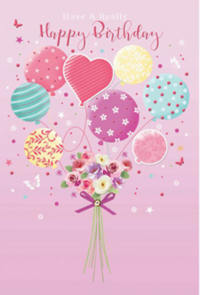 This birthday card artwork captures the gentle excitement of a celebration in Finsbury, translating it into a bouquet of pastel colours and airy shapes. The composition is set on a warm blush-pink background, where a playful cluster of balloons floats lightly above a tidy bouquet of flowers. The balloons are painted in soft hues of lemon, sea green, blush rose, and lavender, their glossy surfaces catching the light like reflections in a shop window on a sunny afternoon. Each balloon carries a unique decorative pattern: curling stripes twist gracefully around some, while others are dusted with tiny polka dots or adorned with stylised floral motifs. Near the middle, a heart-shaped balloon quietly anchors the eye, adding a note of affection perfect for a birthday greeting. Below, the hand-tied bouquet rests at the base, featuring petite roses and daisy-like blooms rendered in creamy whites, blush pinks, and muted mauves. The petals are delicately shaded, giving them a velvety appearance, as if they've just been arranged by an experienced florist in Finsbury who understands how to balance colour and texture. The stems are wrapped in a deep purple satin ribbon, the bow tied neatly, suggesting thoughtful craftsmanship. Wisps of light seem to fall across the scene, brightening the balloons and bringing a subtle glow to the flowers. Tiny star shapes and soft-winged butterflies hover around the arrangement, like passing birthday wishes carried through nearby garden squares and side streets. The overall feeling is one of tender jubilation-gentle, dreamy, and perfectly suited for sending warm birthday sentiments that feel both local and heartfelt.