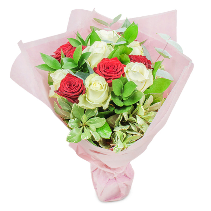 Resting against a crisp white background, this lavish bouquet epitomises floral artistry in Finsbury. A stunning collection of roughly twenty roses, balanced evenly between vibrant crimson red and delicate creamy white, captivates the eye and soul. Each rose, at the height of freshness, reveals delicately furled petals and voluptuous form-a celebration of both passion and purity. The roses are interspersed with a tapestry of rich greenery, including dark ruscus that grounds the composition, nested among lighter, almost succulent leaves and ephemeral sprigs of silver-tinted eucalyptus that soften the whole design. Variegated leaves, edged with creamy white, echo the mosaic of Finsbury's diverse gardens, adding dimension and texture throughout the bouquet. The arrangement's rounded, inviting form is elegantly gathered in several layers of pastel pink wrapping-its gentle hue catching and diffusing the natural light for a soft, dreamlike effect. The tactile beauty and subtle botanical fragrance make this bouquet an ideal accompaniment for commemorating love, gratitude, or celebration-delivered with the local expertise and distinct style of Finsbury Flowers, proudly serving residents from Clerkenwell to Highbury.