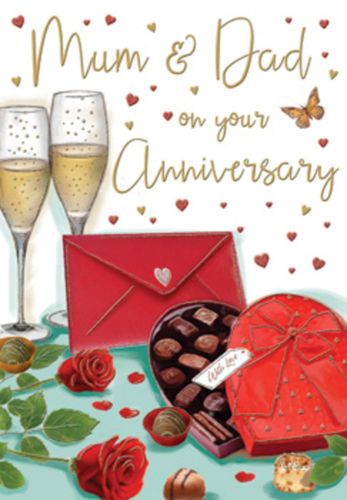 Beautifully designed anniversary card artwork depicting a cosy, romantic celebration scene that could easily sit on a dining table in a Finsbury flat after a special meal. At the front, two lush red roses are illustrated in full bloom, their velvety petals nested in intricate layers that curl gently at the edges. The roses are paired with bright green foliage, varied in tone from deep forest to fresh lime, adding texture and a natural frame that recalls freshly arranged stems ready for delivery from Finsbury Flowers to homes near Spa Fields or Rosebery Avenue. To the side, an open, heart-shaped chocolate box commands attention, its smooth edges and gently curved lid giving it a soft, inviting look. The interior is filled with an assortment of chocolates, each one nestled in its own little space, carefully shaded to suggest glossy coatings and rich fillings. A generous red ribbon encircles the box, tied into a full, decorative bow whose loops and long tails create a sense of indulgence and care. Standing just behind, a pair of tall champagne flutes catch the light; they are filled to about halfway with pale golden champagne, where delicate bubbles rise in thin streams, evoking the pleasant sound of fizz and the anticipation of a clinking toast. Around the main arrangement, small gold and deep red hearts float across a softly glowing background, drawing the eye towards a gentle, handwritten message to Mum & Dad. In the foreground, a scarlet envelope lies neatly closed, slightly angled as if recently set down, suggesting a cherished note tucked safely inside. The entire composition balances warmth, romance, and gratitude, celebrating the enduring partnership at the heart of an anniversary.