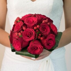 Infused with a sense of richness and theatre, this bridal bouquet from Finsbury Flowers embodies all the passion and elegance that define weddings in this historic London district. Each deep red rose, arranged with artisanal care, swirls in harmonious layers, some just budding, others fully ablaze, their texture silky and inviting. Scattered among the blooms are playful clusters of scarlet hypericum berries, their glossy forms peeking between petals and evoking the bright festivities of Finsbury's summer fairs and neighbourhood celebrations. The solid, rounded bouquet nestles snugly between the bride's hands, its abundance framed by broad, sculpted green leaves that recall the grand trees lining Clerkenwell Green. The bride's white dress, softly detailed with lace and organza, forms a gentle backdrop, enhancing the bouquet's bold, dramatic hues. Light caresses every petal, bringing out the subtle gradients of red and inviting the senses to imagine not only the look but also the faint, sweet scent that floats above the blooms. Balanced and full, this bouquet is an ideal synthesis of Finsbury tradition and modern flair, perfect for those wishing to celebrate love's commitment while honouring timeless floral artistry, and available for thoughtful delivery across the community.
