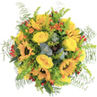 This lively bouquet, gathered by Finsbury Flowers, channels the neighbourhood's trademark warmth and colour. Sunflowers form a radiant circle at the heart, their golden petals vivid and inviting, while velvety yellow roses add softness and depth nearby. Dashes of bright orange-freesia or snapdragon-style blooms-dart among the yellows, much like the vibrant life found around Exmouth Market. Red hypericum berries, clustered and glossy, punctuate the scene with joyful surprise. The structural base is layered with a mix of feathery ferns and chartreuse-green sprigs, echoing the varied greens of Spa Fields, while eucalyptus leaves lend a cool urban touch and a delicate fragrance. Deeper greens and subtle touches of russet round out the palette, ensuring every detail is rich in contrast and interest. Whether marking a birthday, expressing gratitude, or simply bringing a bright patch of summer into a Finsbury home, this arrangement feels freshly plucked from the area's open spaces. Every petal and leaf is chosen with discerning expertise, tying together the community's natural charm and the artistry of the local florist.