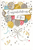 This image captures a celebratory congratulations card whose design feels as if it was inspired by a bright morning walk around Finsbury, with its blend of energy and understated elegance. At the centre of the card, a bouquet of illustrated balloons rises gently upward, like a cluster of helium balloons just released from someone's hand at a small gathering. The balloons are drawn in soft, coordinated shades of gold, silver, champagne, light blue, blush pink, and light grey, each one slightly overlapping the next to form an airy, rounded shape. Their surfaces are adorned with fine patterns: scattered starbursts that resemble tiny sparks of light, thin stripes running vertically or diagonally, and shimmering dots that suggest a hint of glittery texture. Slender ribbons flow down from the base of the balloons in twisted strokes of metallic gold and silver, curling in loose loops that add rhythm and movement, much like the trailing ends of ribbon on a carefully wrapped gift. The background is a calm, pale tone sprinkled with tiny metallic stars, playful curls, and dots of confetti, evoking the joyful scattering of decorations at a celebration in a Finsbury townhouse or cosy local café. Stretching across the balloons is a soft, banner-style ribbon that carries the message Congratulations To You written in graceful, sweeping calligraphy. The lettering is elegant yet approachable, suggesting a heartfelt, personal sentiment rather than something generic. Altogether, the card conveys a feeling of gentle yet unmistakable festivity-perfect for honouring important life milestones, from a graduation or new job to a promotion in one of the nearby offices. It is easy to imagine this card tucked alongside a fresh, fragrant bouquet delivered locally, completing a thoughtful gesture of pride and shared joy.