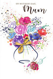 The illustration on this Mother's Day card presents a joyful bouquet rendered in sweeping watercolour strokes, as if an experienced florist had sketched their favourite arrangement straight onto the page. Large, expressive flowers in saturated shades of fuchsia, cerise, and bright pink bloom at the centre, each petal roughly suggested but given form by rich indigo outlines that curl and loop around the edges. Cooler tones of blue, lilac, and periwinkle drift among the pinks, creating a soft, harmonising contrast that calls to mind a calm Finsbury evening after the bustle of nearby Islington streets. Thin runs of metallic gold slide along petal tips and trace hints of stems, catching the light and adding a subtle shimmer, like sunlight glancing off a vase on a windowsill. The bouquet rises from a small, rounded vase evoked in pale, translucent washes, its exact edges softened so it feels almost dreamlike, tied neatly at the neck with a golden bow that recalls the finishing flourish on a hand-tied gift. Surrounding the main cluster, tiny hearts, scattered droplets of paint, and floating dots of colour spill outwards, infusing the image with a sense of celebration and movement, as though petals are dancing in mid-air. The white backdrop keeps the focus squarely on the flowers, allowing each colour-from rosy pinks and velvety purples to sparks of lime and soft apricot-to sing clearly. The mood is intimate and affectionate, echoing the quiet moment when someone in Finsbury chooses a bouquet that says thank you, Mum in a language of colour, texture, and thoughtful design rather than words alone.