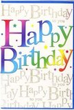 This birthday card front captures the spirit of a lively celebration in Finsbury, all distilled into colour, light, and flowing script. At its heart, the words Happy Birthday stand proudly in large, rounded letters that glide across the card in a broad band. Each letter is filled with a velvety gradient, shifting gently from rich berry red into warm coral, then into cool aquamarine, fresh green, and ending in a soft, golden yellow that feels like late-day sunshine over local rooftops. The shading is smooth and seamless, lending the text a soft three-dimensional quality, as though the letters have been airbrushed with expert care. Surrounding and supporting this central phrase, the background is densely but delicately filled with the repeated line Happy Birthday to you, written in fine gold script. The script curls and loops across the card in neat, slanting rows, forming a shimmering pattern that catches the light, similar to the glimmer of reflections in nearby windows on an evening stroll through Finsbury. Tiny stars and colourful specks are dotted around the main text, adding a suggestion of confetti drifting down from an unseen party above. The overall impression is both joyful and polished, a blend of fun rainbow tones and refined metallic detail. As with a well-designed floral arrangement, nothing feels accidental-the colours balance, the spacing feels calm, and the repeating scripted wishes create a gentle, harmonious backdrop. This is the sort of card you might slip into a bouquet ordered from a trusted local florist, a vibrant finishing touch that turns a simple birthday message into a keepsake of affection and celebration.