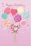 This imaginative birthday scene looks like a soft burst of celebration floating above the rooftops of Finsbury. The illustration is framed by a delicate pink background, where a loose bunch of pastel balloons drifts upward from a hand-tied floral bouquet. The balloons, in shades of blush pink, sea green, pale yellow, and lavender, have a gentle sheen, as though kissed by late-afternoon light. Each one is uniquely decorated: some swirl with candy-like stripes, others sparkle with tiny dots, and one stands out in a sweet heart shape at the centre, radiating quiet affection. Below, the bouquet gathers in a rounded cluster of roses and anemone-like blossoms, their petals layered in creamy ivory, soft blush, and mellow mauve tones, suggesting the kind of thoughtful colour blending you might see from a local Finsbury florist. The flowers feel fresh and full, their imagined scent light and comforting, like stepping into a warm flower shop on a cool day. A violet satin bow secures the stems, its smooth texture catching glimmers of light that echo the shine on the balloons. Around the arrangement, tiny stars and fluttering butterflies drift through the air, hinting at birthday wishes and happy thoughts carried along nearby streets and garden squares. The composition strikes a balance between playful and elegant, capturing the essence of a birthday meant to be joyful, memorable, and just a little bit magical-expressed through flowers, colour, and the gentle artistry of a carefully crafted illustration.