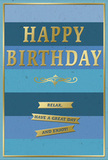 A sophisticated blue and gold birthday card radiates quiet joy, the kind you might share over coffee and cake in a cosy Finsbury home. The background consists of broad, evenly spaced horizontal stripes, each stripe a unique blue-from deep navy at the bottom gradually lifting through richer cobalt and softer ocean hues to delicate teal and sky tones at the top. This layered gradient gives the card depth and a gentle sense of movement, like watching clouds drift above Clerkenwell. At the centre, the message HAPPY BIRTHDAY is proudly displayed in embossed gold capital letters. The metallic finish has a soft, satin-like gleam, catching light in a way that makes the greeting stand out clearly against the cooler background without feeling loud. Directly beneath, a decorative golden flourish sweeps from side to side in a refined, almost calligraphic pattern, adding a touch of vintage charm reminiscent of old-fashioned letterpress designs you might find in a small stationery shop near Exmouth Market. In the lower section, three slim gold banners rest in a straight horizontal line. Each ribbon is outlined and filled in the same warm metallic tone, with the words Relax, have a great day and enjoy! spaced across them. The gold elements are slightly raised above the card's smooth, velvety blue surface, adding subtle texture under the fingertips. A fine gold border runs around the outer edge, tying all the elements together and giving the card a framed, finished look. It's easy to picture this card standing beside a fresh birthday arrangement from a local florist, the blues reflecting cool petals and the gold echoing candle flames, creating a calm, heartfelt moment of celebration in Finsbury.