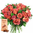 This thoughtfully composed gift set, perfectly suited for occasions in Finsbury, features a striking bouquet of roses and a tempting selection of chocolates, all against a crisp white background. The roses form a lush arrangement, their petals blending from soft creams and warm peaches at their centres to vibrant corals and pinks on the outer edges, boasting both variegation and layered texture. Some blooms are tightly wound, while others are fully open, revealing intricate petal architecture-evoking the artistry seen at local events along Amwell Street. Deep, glossy green foliage provides a framing edge, allowing the radiant colours of the flowers to shine. Anchored at the base, a rectangular, pale Thorntons Orange Crisp pouch adds a delightful touch. Its smooth wrapper, bearing the distinguished Thorntons logo and a rich chocolate illustration, suggests indulgence. Close by, two plump, glossy Orange Crisp truffles-rounded, dark, and promising a luscious bite-complete the presentation. This harmonious pairing speaks of love and appreciation, ideal for birthdays, anniversaries, romantic gestures, or simply bringing a smile to a neighbour or friend in Finsbury. The careful craftsmanship and eye for beauty in each element resonate with the creative vibrancy of Finsbury's communities.