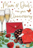 Illustrated anniversary card scene capturing the feeling of an intimate family celebration, much like a quiet evening at home in Finsbury after stopping by the local florist. In the lower part of the image, two sumptuous red roses rest together, fully open and velvety, their layered petals described with detailed highlights and shadows that suggest richness and softness. They are cradled by fresh green leaves, some broad, some slender, creating gentle movement around the blooms, as if they've just been laid down from a hand-tied bouquet. To the side, an inviting heart-shaped box of chocolates sits open, its lid angled back to reveal a collection of carefully drawn sweets, each with a slightly different shape and shade, hinting at a delightful mix of flavours chosen for sharing between Mum & Dad. The box is dressed with a striking red bow, its ribbon loops shaded to show a silky sheen, evoking the touch of satin between your fingers. Rising just behind this arrangement, two delicate champagne flutes stand close together, filled with pale golden champagne. Tiny bubbles lift through the clear glass, catching soft points of light like reflections from city windows around Finsbury at dusk. Scattered gold and scarlet hearts drift across the background, framing a warm, handwritten greeting dedicated to parents. At the base of the composition, a vivid red envelope lies closed, its pointed flap and crisp folds drawn with care, suggesting a personal, heartfelt message safely tucked inside. The overall mood is warm, romantic, and quietly joyful, with deep reds, soft golds, and creamy tones combining to celebrate enduring love and the comfort of shared years.
